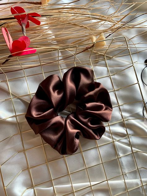 Brown Scrunchie Aesthetic, Brown Scrunchie, Rosy Makeup, Satin Scrunchies, Silk Scrunchies, Brown Satin, Brown Aesthetic, Hair Photo, Scrunchie Hairstyles