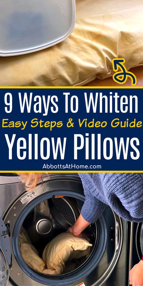 Clean Pillows Front Loader, Clean Yellow Pillows, Yellow Pillows Clean, How To Wash Throw Pillows, Wash Feather Pillows, Cleaning Pillows, Pillows White, Enzyme Cleaner, Oxygen Bleach