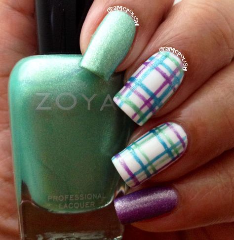 Gel Nail Sparkle, Easter Plaid Nails, Purple Plaid Nails, Green Plaid Nails, Crayon Nails, Fishnet Nails, Burberry Nails, Plaid Nail Designs, Plaid Nail Art