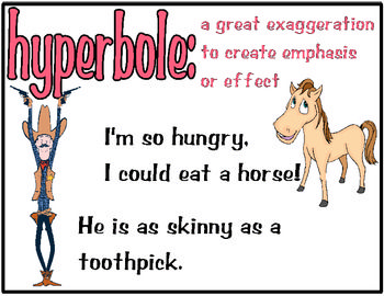 HYPERBOLE example: I'm so hungry I could eat a horse! Hyperbole Examples, Figurative Language Posters, Language Poster, Camp Games, Reading Comprehension Strategies, Writing Strategies, Comprehension Strategies, English Lessons For Kids, Writing Art