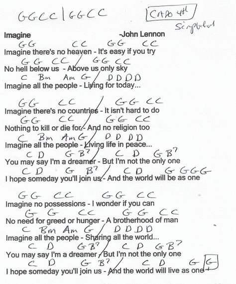 Imagine (John Lennon) Guitar Chord Chart - Capo 4th/Simplified Let It Be Guitar Chords, Jolene Guitar Chords, Dandelions Guitar Chords, Imagine Piano Sheet Music John Lennon, Imagine Lyrics, Imagine Song Lyrics John Lennon, John Lennon Guitar, Music Week, Online Music Lessons