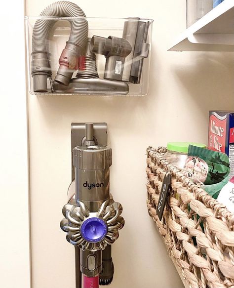 Organize Vacuum Attachments, Vacuum Storage Ideas No Closet, Vacuum Accessory Storage, Coat And Cleaning Closet Organization, Dyson Vacuum Storage Ideas Laundry Room, Where To Hang Dyson Vacuum, Dyson Accessories Storage, Vacuum Closet Organization, Linen Closet With Vacuum Storage