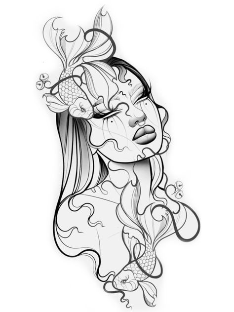 Tattoo Sleeves Design Women, Mermaid Tatoos Woman, Water Goddess Drawing, Spiritual Art Sketch, Pisces Sleeve Tattoos For Women, Women Tattoos Thigh, Paradox Tattoo Ideas, Pisces Sketch, Thigh Tattoos Women Stencil