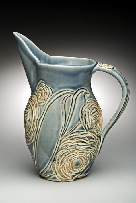 Hand Built Pitcher, Ceramic Carving, Ceramic Pitchers, Textured Pottery, Handbuilt Pottery, Ceramic Projects, Pottery Projects, Painted Ceramic Plates, Pottery Lessons