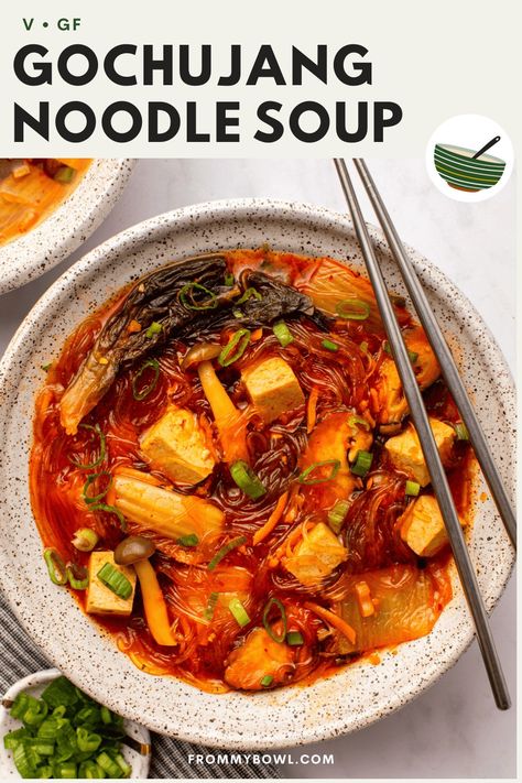 Gochujang Noodle Soup (Make-Ahead Instant Option!) - From My Bowl Gochujang Tofu Soup, Gochujang Soup, Gochujang Noodles, Meal Prep Vegan, Tofu Noodles, Tofu Soup, Seaweed Snacks, Vegan Soups, Vegan Meal Prep