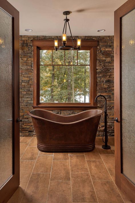 Copper Tub Bathroom, Slipper Bathtub, Copper Tub, Copper Bath, Copper Bathtubs, White Tub, Cabin Bathrooms, Copper Bathroom, Rustic Bathroom Designs