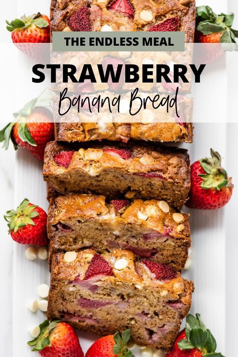 This warm and delicious strawberry banana bread is made with fresh, juicy strawberries, sweet bananas, and white chocolate chips. It's a quick bread recipe your family will love! Valentines Banana Bread, Strawberry White Chocolate Banana Bread, Banana And Strawberry Recipes, Banana Strawberry Bread, Strawberry Banana Desserts, White Chocolate Banana Bread, Strawberry Banana Bread Recipe, Strawberry Banana Bread, Strawberry Cream Pies