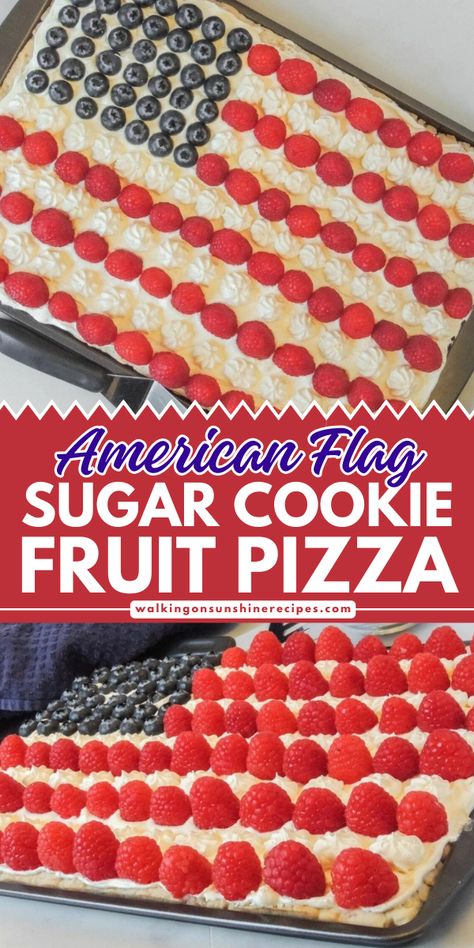 Want something fun and festive to serve on the 4th of July? This fruit piizza recipe is an easy party snack idea you should try! Impress your guest with this fruit sugar cookie pizza with a creamy frosting. Pin this 4th of July food now! 4th Of July Festive Food, Fruit Pizza Flag 4th Of July, 4th Of July Food Fruit Pizza, Fruit Cookie Pizza 4th Of July, 4th Fruit Pizza, Fourth Of July Cookie Pizza, Flag Cookie Pizza, Flag Sugar Cookie Pizza, 4th Of July Dessert Pizza