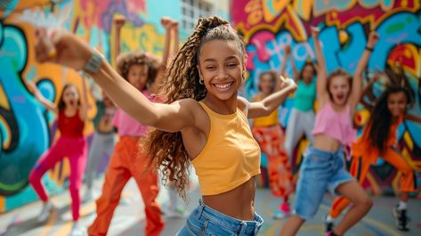 Joyful Dance Party: Energetic young dancers enjoying a vibrant street dance party in front of a colorful graffiti wall. #dancing #joy #youth #graffiti #street #aiart #aiphoto #stockcake ⬇️ Download and 📝 Prompt 👉 https://ayr.app/l/ab5L Dance Graffiti, Street Dancers, Dancing Photos, Party Image, Colorful Graffiti, Music For You, Sony Camera, Dance Photos, Graffiti Wall