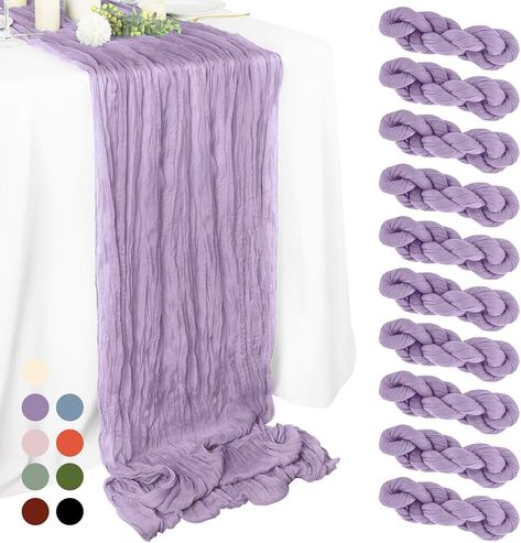 Amazon.com: 10 Pack Lavender Cheesecloth Table Runner 10Ft Gauze Cheese Cloth 35x120 Inch Purple Table Runner Romantic Table Runner Long Table Cloth for Wedding Bridal Shower Thanksgiving Summer Decoration : Home & Kitchen Purple Cheesecloth Table Runner, Purple And Green Table Decorations, Purple Runner Wedding Table, Lilac Table Runner, Purple Table Decorations Wedding, Lavender Party Ideas, Bridgerton Table Setting, Purple Table Settings Wedding, Lilac Baby Shower Ideas