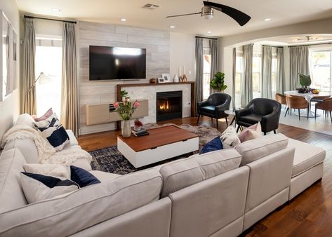 Offset Fireplace, Property Brothers Designs, Property Brothers Forever Home, Bypass Barn Door Hardware, Stainless Steel Farmhouse Sink, Budget Remodel, Drew Scott, Property Brothers, Floor Layout