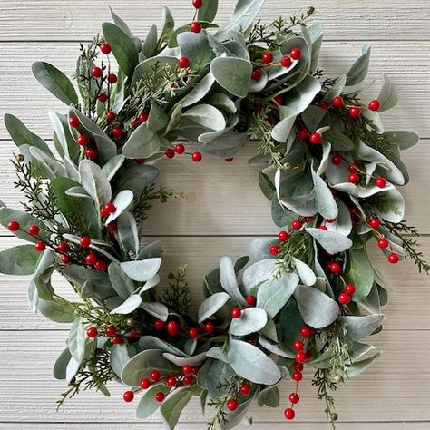 Christmas Lamb, Red Berry Wreath, Lambs Ear Wreath, Christmas Accents, Evergreen Wreath, Christmas Front Doors, Berry Wreath, Christmas Wreaths For Front Door, Hanging Wreath