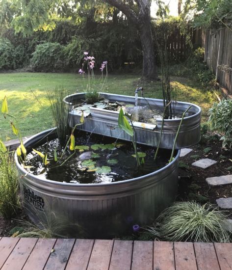 Stock Tank Pond Ideas, Porch Pond, Small Backyard Ponds, Diy Ponds Backyard, Fish Pond Gardens, Container Water Gardens, Patio Pond, Building A Pond, Goldfish Pond