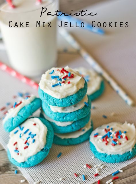 Patriotic Cake Mix Jello Cookies on MyRecipeMagic.com. A wonderful combination of a boxed cake mix and Jell-O. These are so simple and fun to decorate for the 4th of July! Jello Cookies, Patriotic Cake, Patriotic Desserts, Boxed Cake, 4th Of July Desserts, Fourth Of July Food, Jell O, Box Cake Mix, Cake Mix Recipes