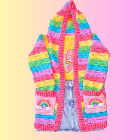 Kawaii Pastel Rainbow Striped Crochet Hooded Cardigan with Rainbow Cloud Pockets by VelvetVolcano Zooey Deschanel, Hooded Cardigan, Cardigan Pattern, Vivid Color, Harajuku Fashion, Pastel Rainbow, Rainbow Stripes, Yarn Colors, Vegan Friendly