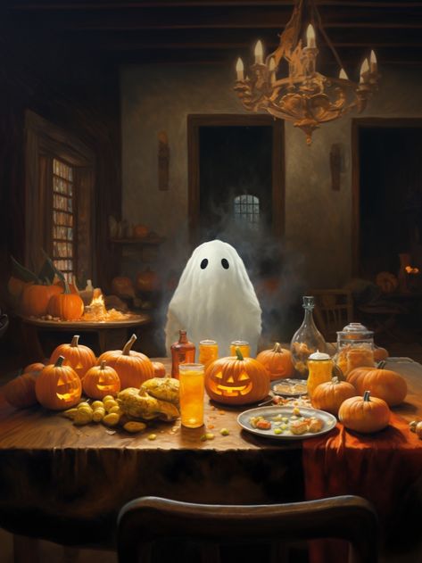 An oil painting of a cute little ghost in a Halloween setting. Vintage Halloween Artwork, Cottagecore Artwork, Cute Ghost Art, Helloween Wallpaper, Imprimibles Halloween, Hallowen Ideas, Halloween Kunst, Cute Ghosts, Printed Candles