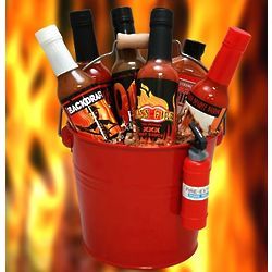 Blazing Bucket of Fire Hot Sauce Gift Set - FindGift.com Hot Sauce Gift Basket, Bbq Gift Basket, Beer Gifts Basket, Silent Auction Baskets, Auction Basket, Men Gift Basket, Auction Baskets, Raffle Basket, Fire Gifts