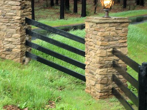 Stone Fence Posts, Rock And Wood Fence, Farm Fencing, Driveway Fence, Driveway Entrance Landscaping, Post And Rail Fence, Wire Fencing, Wood Fencing, Stone Fence