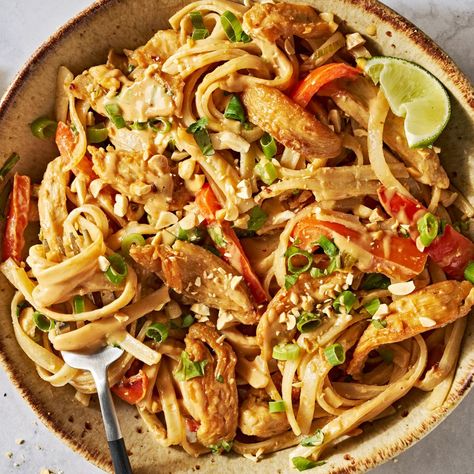 Creamy Peanut Lime Chicken With Noodles Chicken Fettuccine Recipe, Chicken With Noodles, Chicken In Air Fryer, Defrost Chicken, Thick Rice Noodles, Chicken Fettuccine, Lime Sauce, Lime Chicken, Sweet Chili Sauce