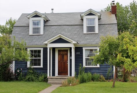 Navy Blue Cape Cod Exterior, Cape Cod Raised Roof, Cape Cod With Dormers, Colonial Cape Cod House Exterior, Blue Cape Cod House Exterior, Small Cape Cod House Exterior, Cape Cod Painting, Sage Green House, Cape Cod Exterior