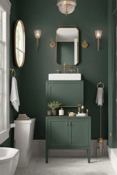 Dark Green In Bathroom, Green Wall Paint Bathroom, Bathroom Ideas Paint Walls, Dark Green Walls Bathroom, Green Bathroom Accent Wall, Dark Green Powder Room Ideas, Green Paint For Bathroom, Green Ceiling Bathroom, Tony Bathroom