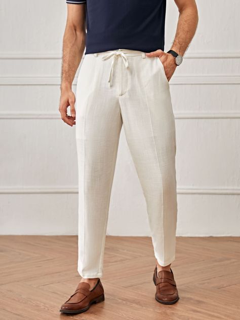 White Casual   Polyester Plain Tapered/Carrot Embellished Non-Stretch Spring/Summer/Fall Men Bottoms Linen Pants Outfit Men, Linen Trousers Outfit, Mens Linen Outfits, White Pants Men, White Linen Trousers, Linen Pants Outfit, White Pants Outfit, Shein Men, Casual Linen Pants