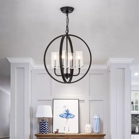 Gracie Oaks Gurganus 4 - Light Shaded Globe Chandelier & Reviews | Wayfair Black Globe, Entryway Lighting, Iron Accents, Rectangle Chandelier, Candle Chandelier, Globe Chandelier, Mini Chandelier, Black Chandelier, Chandelier In Living Room