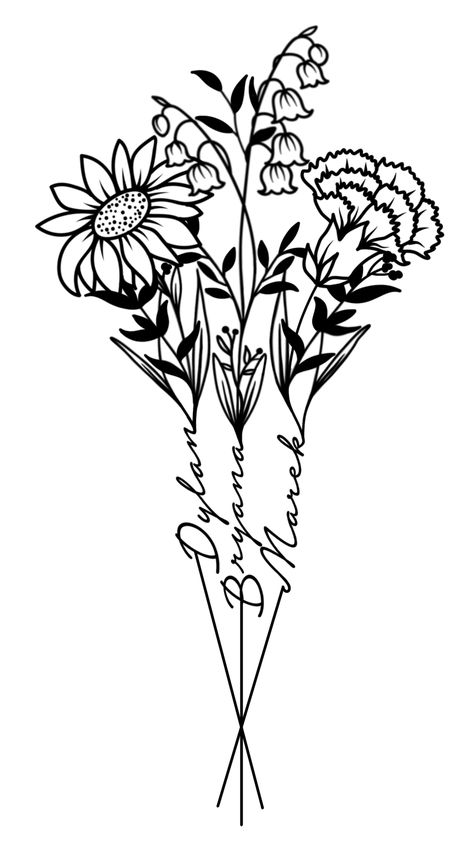 Flower Bouquet Tattoo Design, Bouquet Tattoo Design, Tattoo Bouquet, Female Side Tattoo, Birth Flower Bouquet Tattoo, Name Flower Tattoo, Month Flower Tattoo, Name Tattoo Design, Flower Bouquet Tattoo