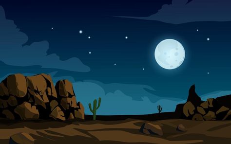 Desert night illustration with full moon and rocks Night Desert Illustration, Night Time Desert, Desert Drawing, Desert Night, Night Illustration, Desert Art, Cartoon Background, Night Art, Hand Embroidery Art