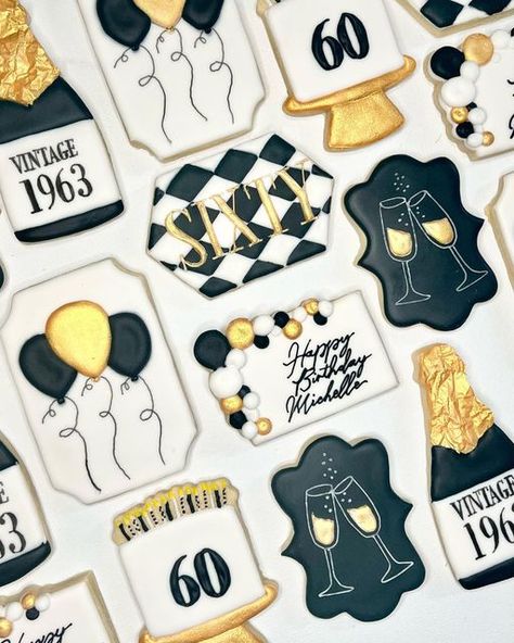 Black And Gold Birthday Cookies Decorated, 65th Birthday Cookies, Black And Gold Birthday Cookies, 60 Birthday Cookies, Black And Gold Cookies, 60th Birthday Cookies, 55th Birthday Party Ideas, Black And Gold Cake, Gold Cookies