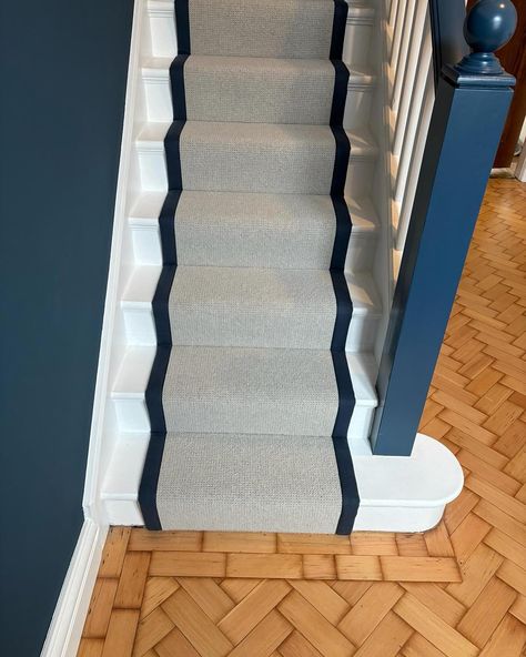 Immaculate install by the very talented Simon based in Chester. We edged the stair runner in a navy blue herringbone tape. #carpetedging #carpetwhipping #stairrunner #carpetbinding #stairs #staircarpet #carpet #tapebinding Blue Stairs With Runner, Blue Carpet Runner On Stairs, Navy Stair Runner Carpet, Navy Stair Runner, Stair Runner Whipped Edge, Carpet Stairs, Stair Runner, Chester, Herringbone