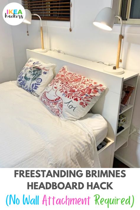 The IKEA BRIMNES headboard with storage is a wonderful solution for small bedrooms. It’s like having a “nightstand” and storage unit all in one.It also comes with adjustable shelves and a holes for table lamp cables. A thoughtfully designed piece of furniture.The only downside is it requires the headboard to be fastened to the wall. In many situations, it may not be possible to make holes in the wall. Diy Storage Headboard, Ikea Headboard Hack, Ikea Storage Bed, Brimnes Headboard, Bedroom Nightstand Ideas, Headboard Hack, Unusual Bedside Tables, Ikea Headboard, Headboard With Storage