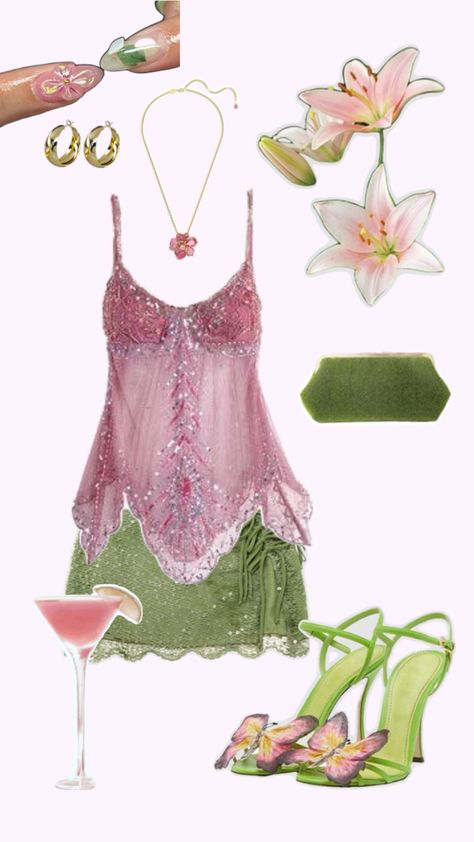 Fairy Going Out Outfits, Garden Rave Outfit, Fairy Outfit Purple, Fancy Nancy Aesthetic Outfits, Fairy Garden Party Outfit, Dive Bar Aesthetic Outfit, Campy Outfits Aesthetic, Pastel Fairycore Outfits, Pink And Green Outfit Aesthetic