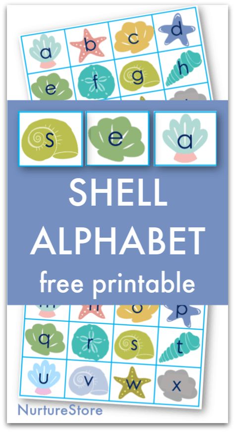 Seashell alphabet free printable for ocean themed literacy activities - NurtureStore Shells Preschool Activities, Ocean Alphabet Letters Free Printable, Seashell Printable Free, Beach Theme Preschool Activities Free Printable, Under The Sea Literacy Activities, Beach Literacy Activities Preschool, Summer Literacy Activities Preschool, Ocean Literacy Activities, Ocean Life Preschool Activities