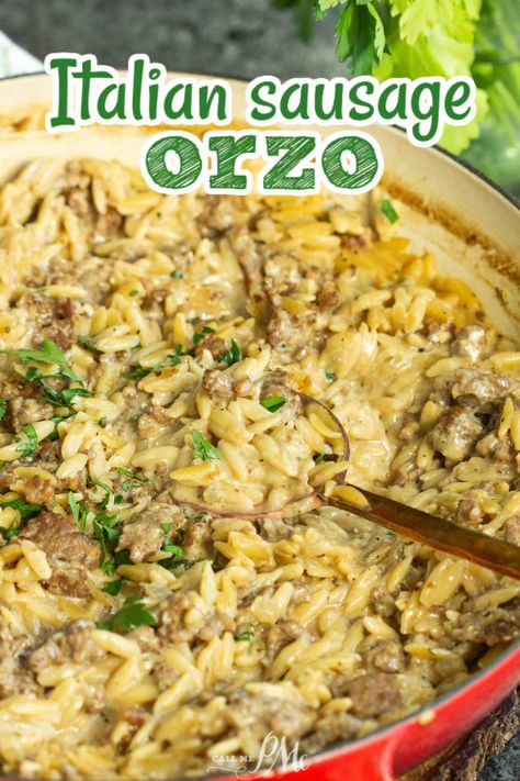 One Pot Italian Sausage Orzo Orzo With Sausage Recipes, Easy Dinner Italian Sausage, One Pot Sausage Orzo, Beef Italian Sausage Recipes, Ground Sausage Orzo Recipes, Recipes With Ground Italian Sausage Easy, Simple Dinner Recipes Sausage, Italian Sausage Orzo Recipes, Orzo Italian Sausage