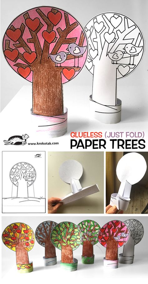 krokotak | Glueless Paper TREES (JUST FOLD) Forest Crafts, Paper Trees, Tree Day, Mushroom Crafts, Paper Wall Hanging, Easy Arts And Crafts, Paper Tree, Hanging Flower Wall, Wall Hanging Diy