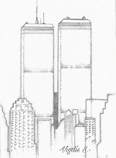 1998. Twin Towers, New York. Disegno a mano libera. -V.S.- Twin Towers Drawing, Twin Towers New York, Skyline Tattoo, Media Tower, Nyc Skyline, Construction Drawings, Twin Towers, Trade Center, World Trade