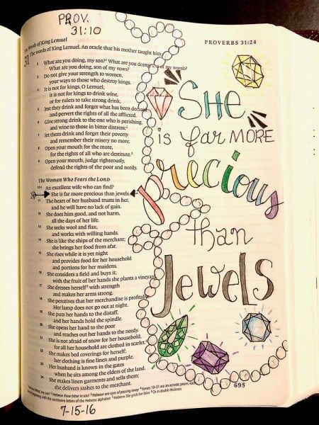 A Woman Who Fears The Lord, She Is More Precious Than Jewels, Proverbs 31 Bible Journaling, Proverbs Bible Journaling, Bible Journaling Proverbs, Proverbs Women, Bible Decorating, Proverbs Wife, Bible Help