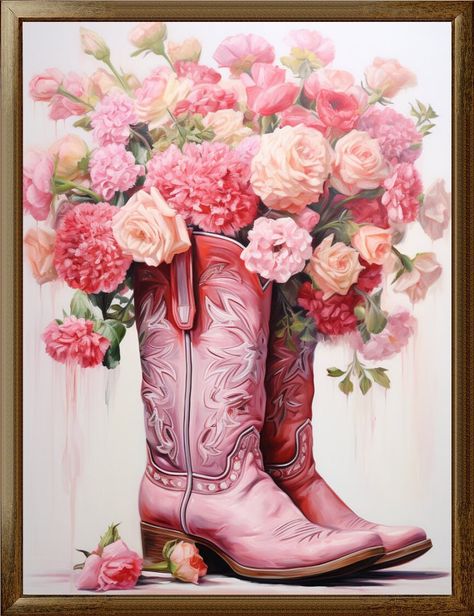 instant PRINTABLE ART a vintage-inspired pink Western and floral digital painting. perfect for Western nursery wall decor or dorm room gallery wall project High-resolution 300 DPI included files: You will receive 4 high quality JPG files with maximum dimensions bellow: ✭ 3:4 ratio: Inches : 6x8 | 9x12 | 12x16 | 15x20 | 18x24 ✭ 4:5 ratio: Inches : 4x5 | 8x10 | 16x20 ✭ 5:7 ratio: Inches : 5x7 | 10x14 | 15x21 ✭ 11:14 ratio: Inches : 11x14 **Custom size adjustments available at no cost upon request. HOW IT WORKS: -Available as a Printable order only -As soon as the payment is processed - you can find your file in your etsy account under you purchase if you checked out as a guest Etsy will send you an email link to download the printable file. -You can print your files at home using sheets of w Cowgirl Boots And Flowers, Western Nursery, Dorm Room Wall Art, Pink Cowgirl Boots, Lined Writing Paper, Pink Cowgirl, Nursery Printables, Elegant Tattoos, Flowers Print