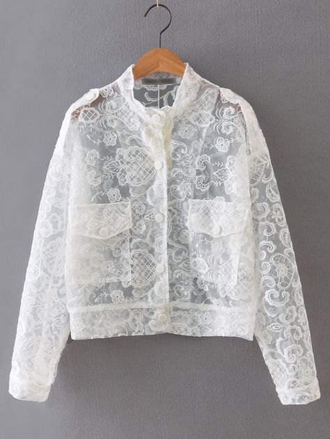 White Embroidery Button Front Sheer Jacket -SheIn(Sheinside) White Lace Jacket, Dress Upcycle, Sheer Jacket, Women Jackets, Ruffles Fashion, Lace Jacket, Fashion Videos, White Embroidery, Fashion Tops