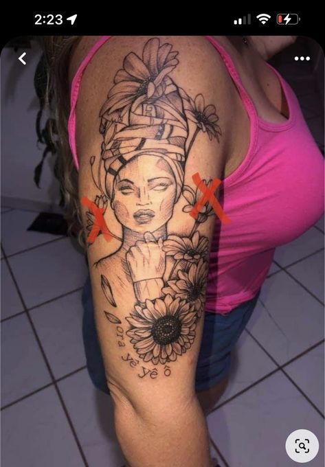 Oshun Tattoo Ideas, Hoodoo Tattoo, African Woman Tattoo, Oshun Tattoo, Afrocentric Tattoos For Women, Black Goddess Tattoo, Cool Animal Tattoos, Egyptian Eye Tattoos, Half Sleeve Tattoos Drawings