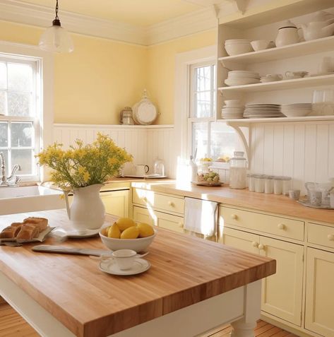 Yellow Country Kitchens, Cheerful Bedroom, Yellow Kitchen Cabinets, Yellow Kitchen Walls, Yellow Kitchen Designs, Kitchen Colour Schemes, Yellow Decor, Yellow Home Decor, Small Cottage