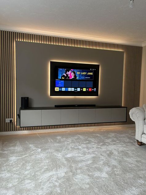 Media Wall & Cinema Forum & Fires | Simple but effective. | Facebook Hall Tv Unit Design Simple, Tv Lobby Designs, Tv With Wall Paneling, Flat Media Wall, Media Wall With Window On One Side, Simple Tv Furniture Design, Designs For Tv Walls, Media Wall With Lights, Simple Media Wall Ideas