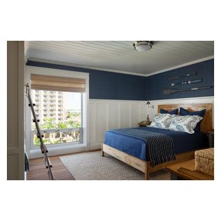 Van Drunen Project 2019 - Beach Style - Bedroom - Miami - by Freestyle Interiors | Houzz White Board And Batten Bedroom, Board And Batten Bedroom, White Board And Batten, Navy Blue Wallpaper, Beach Style Bedroom, Wainscoting Bedroom, Blue Bedroom Walls, Batten Wall, Navy Walls