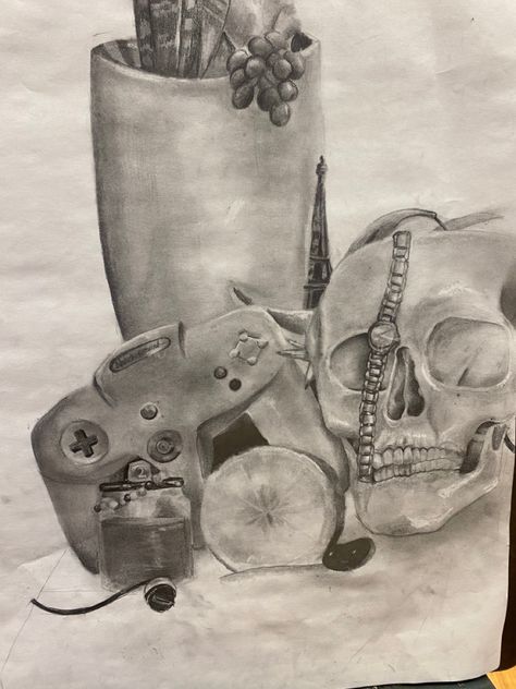 Graphite still life Graphite Still Life, Still Life Practice, The Case Of Study Of Vanitas, Skull Still Life, Dutch Vanitas Still Life, Gothic Still Life, Vanitas Still Life, Skull Still Life Painting, Meaning Of Life