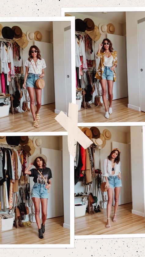 How To Wear Denim Shorts Summer Outfits, Boho Denim Shorts Outfit, Boho Jean Shorts Outfit, Dress Up Denim Shorts, Styling Denim Shorts For Women, Denim Shorts Outfit Women, How To Style Denim Shorts, Denim Shorts Outfits Women, Vintage Shorts Outfit