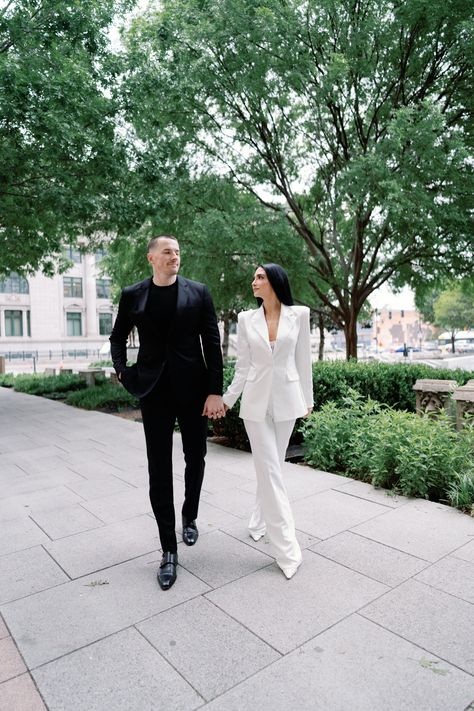 This downtown Dallas engagement session was somewhat NYC Central Park inspired - we wanted to really hone in on the editorial aspects of their amazing fashion and make sure to capture their love in the process. Andrea wore a chic white two piece suit for her engagement pictures and it came out amazing. We utilized the downtown areas of Dallas for these! Suit Editorial, White Pant Suit, City Hall Wedding Photos, White Pantsuit, Dallas Engagement, Bella Wedding, White Pant, Elopement Styling, Dfw Wedding