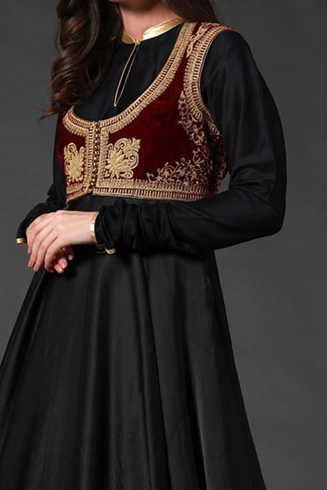 Buy Rohit Bal Black Silk Velvet Jacket And Chanderi Anarkali Set Online | Aza Fashions Chanderi Anarkali, Rohit Bal, Dress Design Patterns, Gathered Sleeves, Designer Dresses Indian, Velvet Jacket, Indian Designer Wear, Silk Velvet, Ethnic Fashion