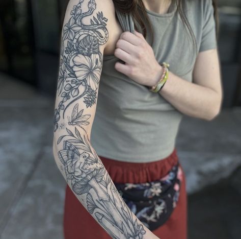 Floral Patch Work Sleeve Tattoo, Botanical Arm Sleeve, Cottage Core Patchwork Sleeve Tattoo, Patchy Sleeve Tattoo Women, Botanical Patchwork Sleeve, Cottagecore Tattoos, Floral And Bug Sleeve Tattoo, Scientific Tattoo, Cottagecore Tattoo