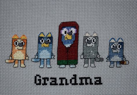 Bluey, cross stitch, grandma, grandchildren, that little stitch Bluey Bingo Cross Stitch Pattern, Bingo Crafts, Diy Bluey, Frozen Cartoon, Cross Stitch Alphabet Patterns, Melty Bead Patterns, Stitching Ideas, Tiny Cross Stitch, Tiny Cross